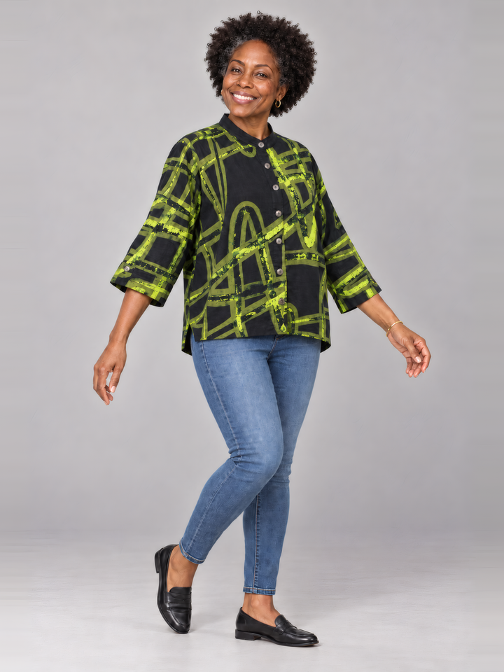 Adverb After Shirt in Chartreuse, full length view on model