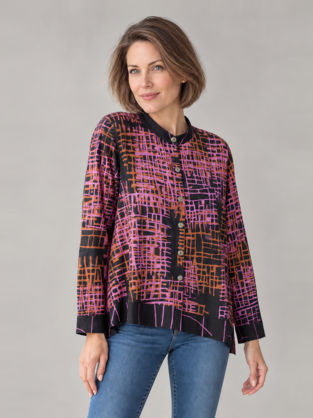Adverb After Shirt in Fuchsia and Orange, front view on model