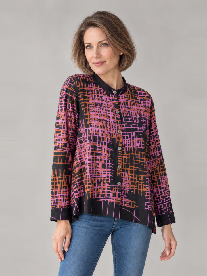 Adverb After Shirt in Fuchsia and Orange, front view on model