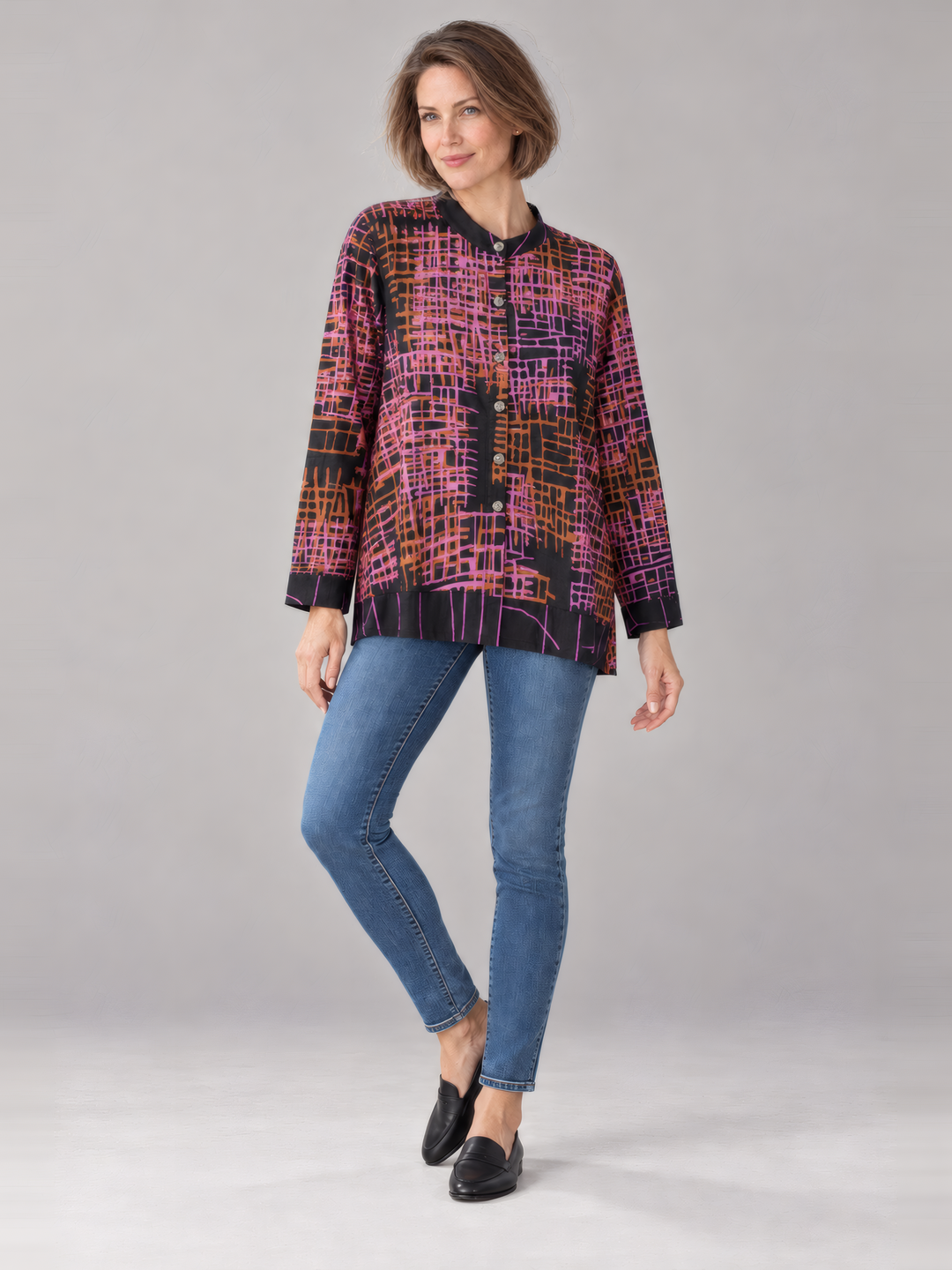 Adverb After Shirt in Fuchsia and Orange, full length view on model