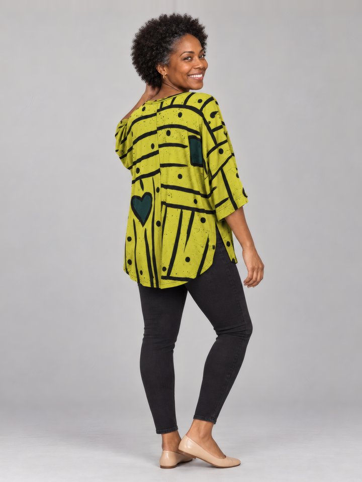 Adverb Bestee Three Quarter Sleeve Pullover in Pea, full length view on model