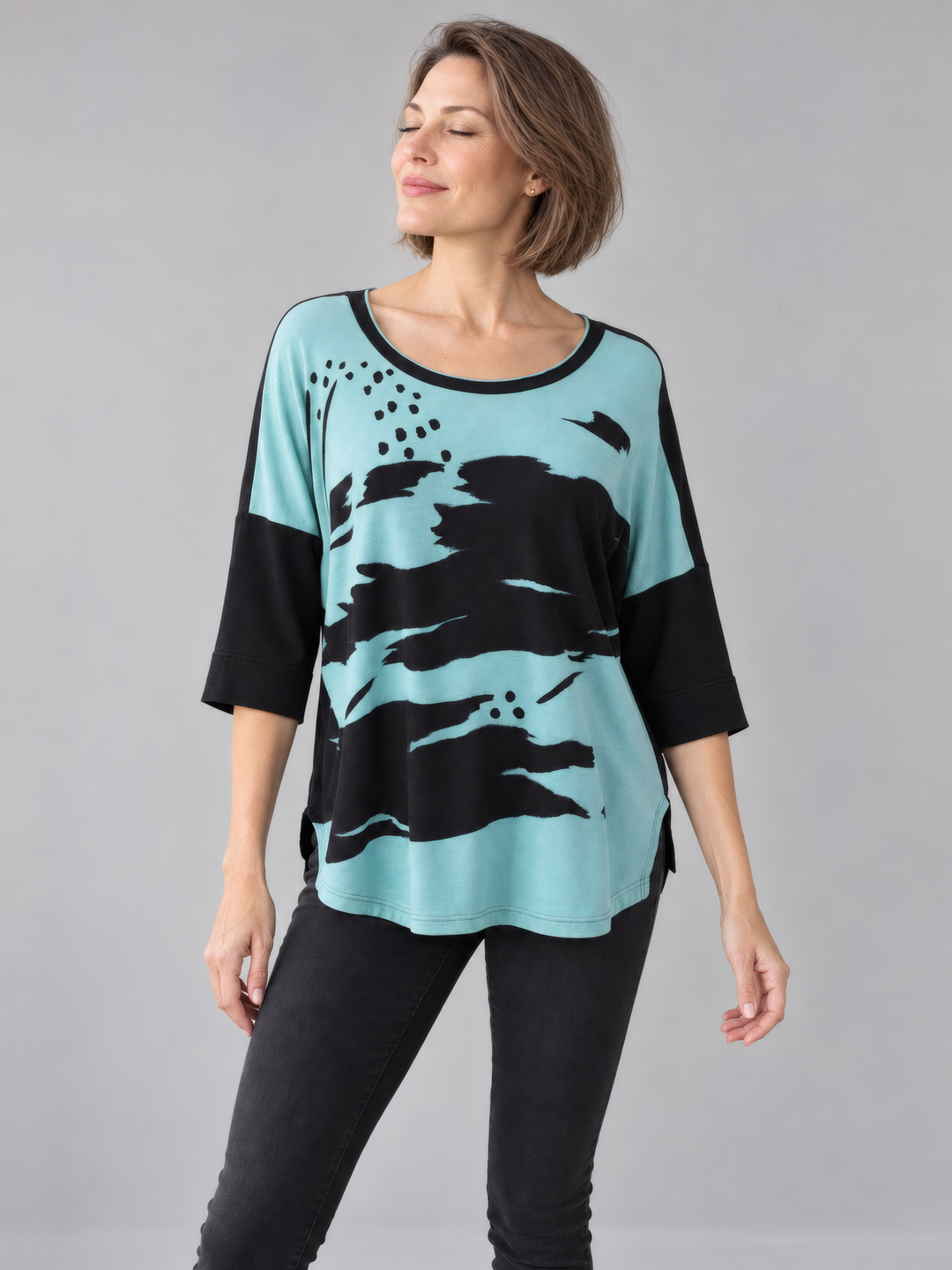 Adverb Bestee Three Quarter Sleeve Pullover in Splash, front view on model