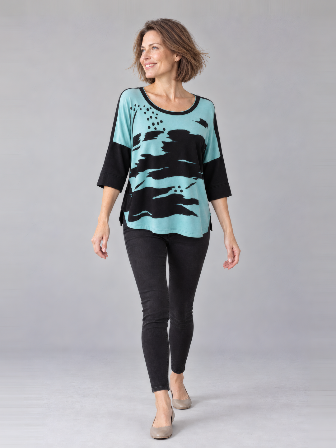 Adverb Bestee Three Quarter Sleeve Pullover in Splash, full length view on model