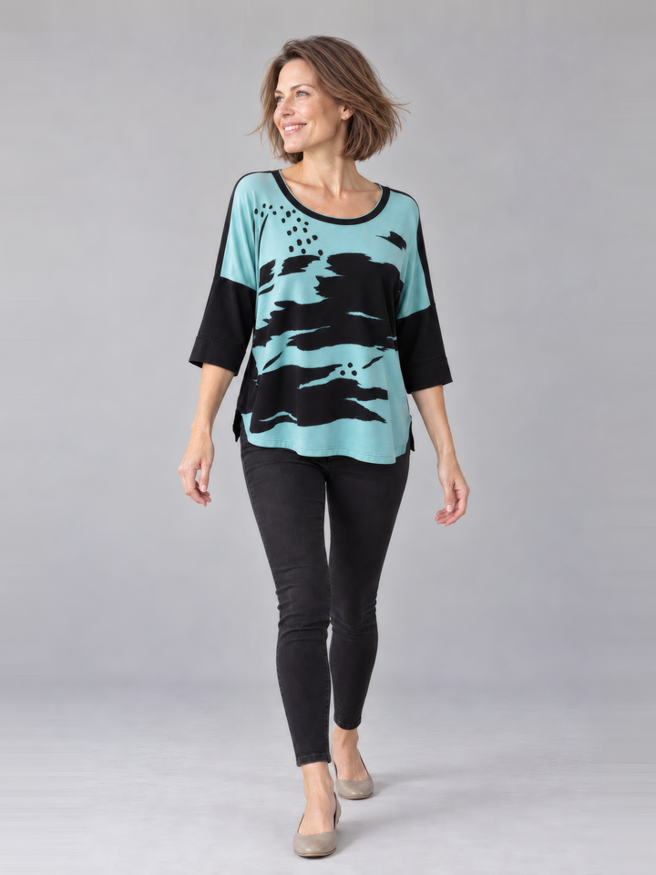 Adverb Bestee Three Quarter Sleeve Pullover in Splash, full length view on model