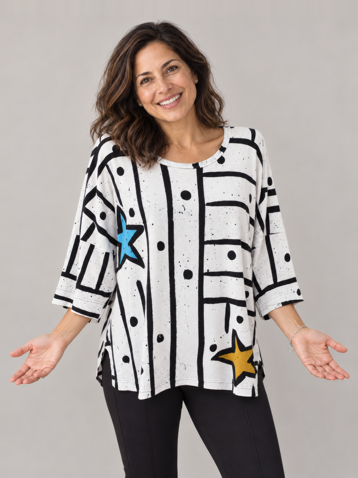 Adverb Bestee Three Quarter Sleeve Pullover in White, front view on model