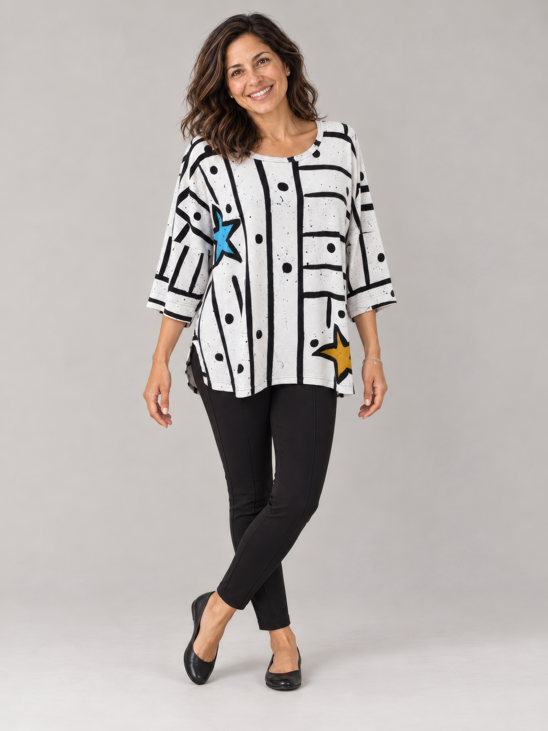 Adverb Bestee Three Quarter Sleeve Pullover in White, full length view on model