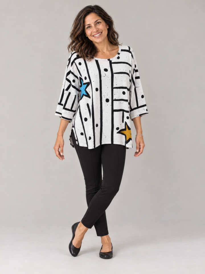 Adverb Bestee Three Quarter Sleeve Pullover in White, full length view on model