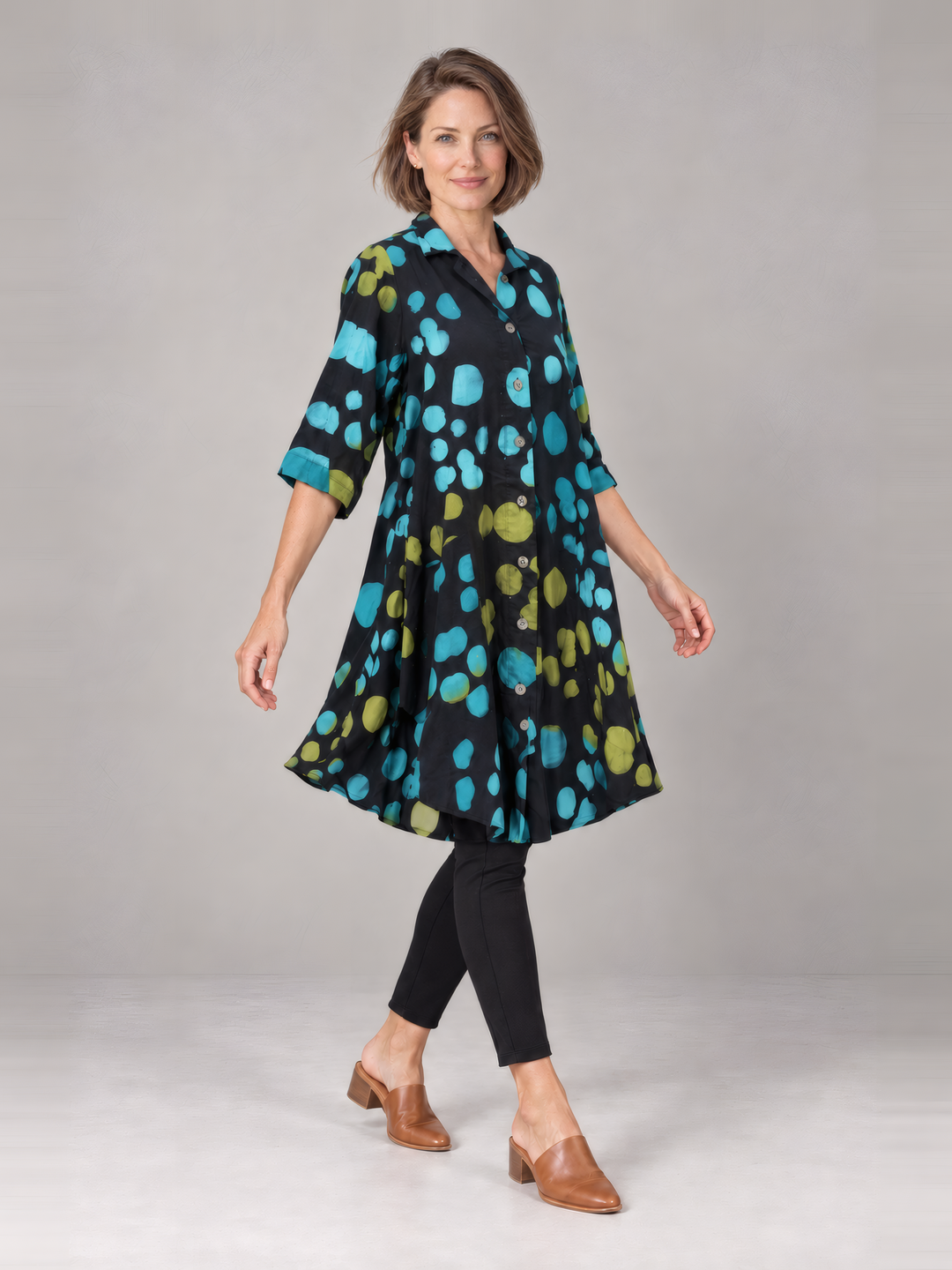 Adverb Exactly Tunic Shirt in Teal Multi, full length view on model