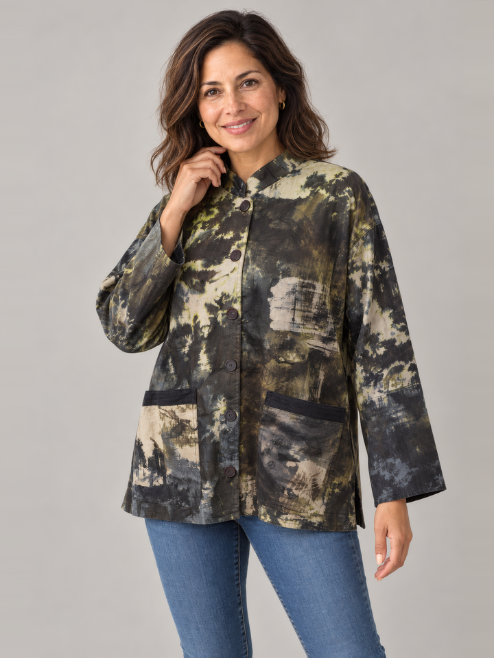 Adverb Vary Jacket in Olive Multi, front view on model