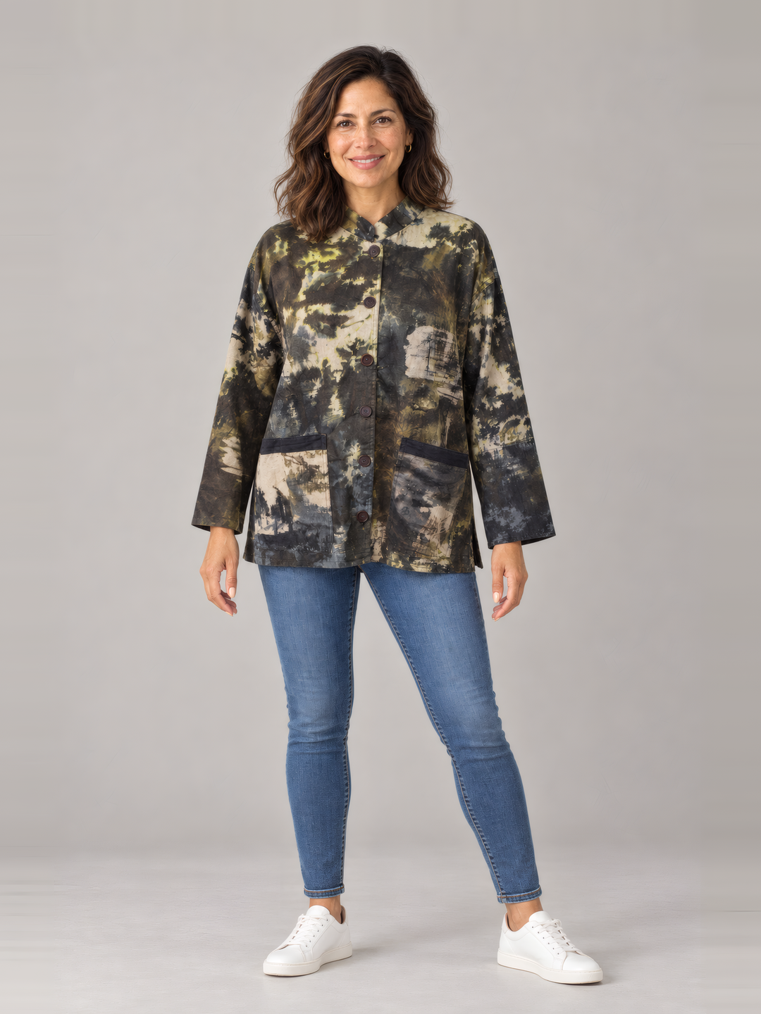 Adverb Vary Jacket in Olive Multi, full length view on model
