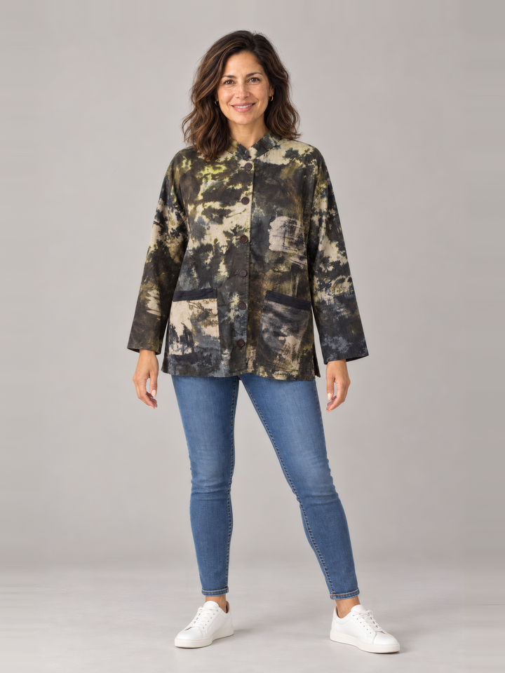 Adverb Vary Jacket in Olive Multi, full length view on model