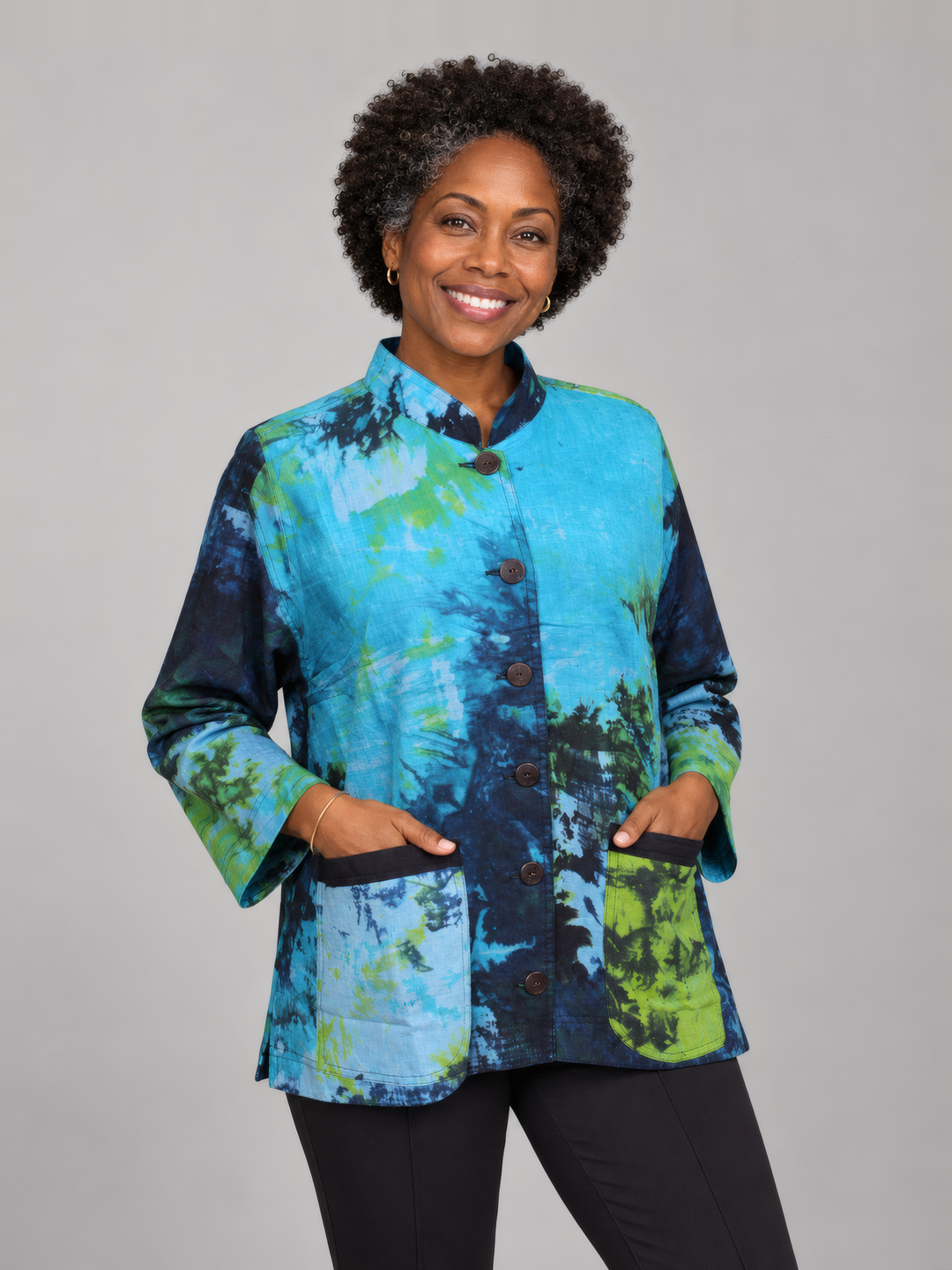 Adverb Vary Jacket in Turq Multi, front view on model