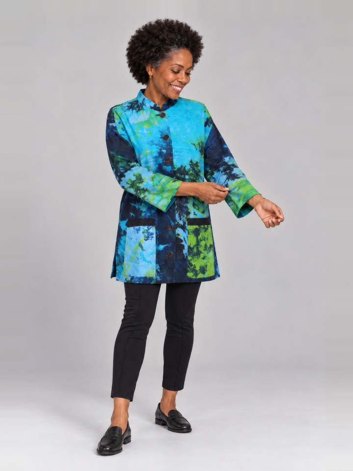 Adverb Vary Jacket in Turq Multi, full length view on model