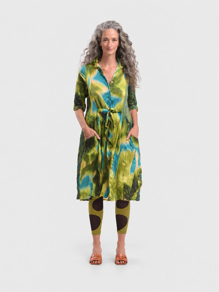 Alembika Satin Crush Shirt Dress in Aqua, front view on model