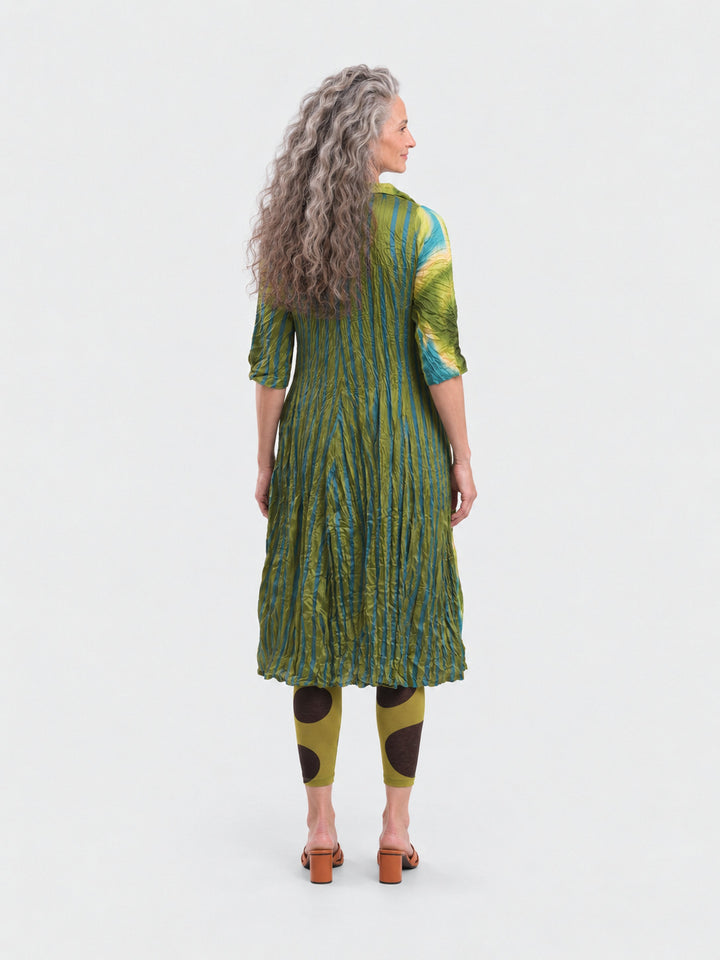Alembika Satin Crush Shirt Dress in Aqua, back view on model