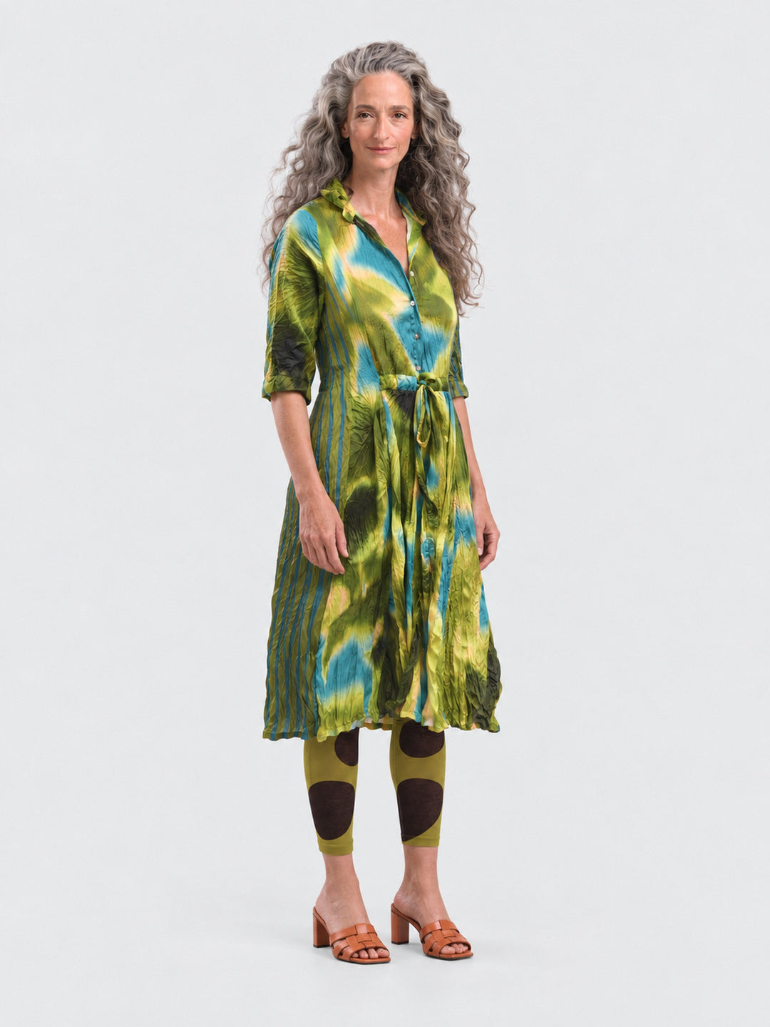 Alembika Satin Crush Shirt Dress in Aqua, three quarter view on model