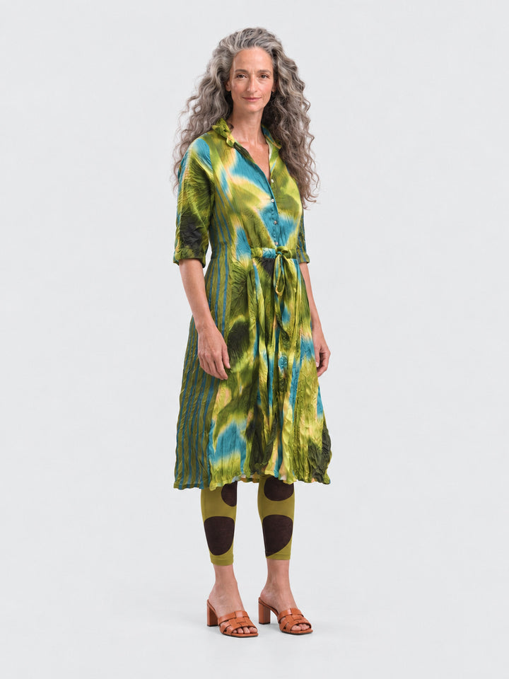 Alembika Satin Crush Shirt Dress in Aqua, three quarter view on model
