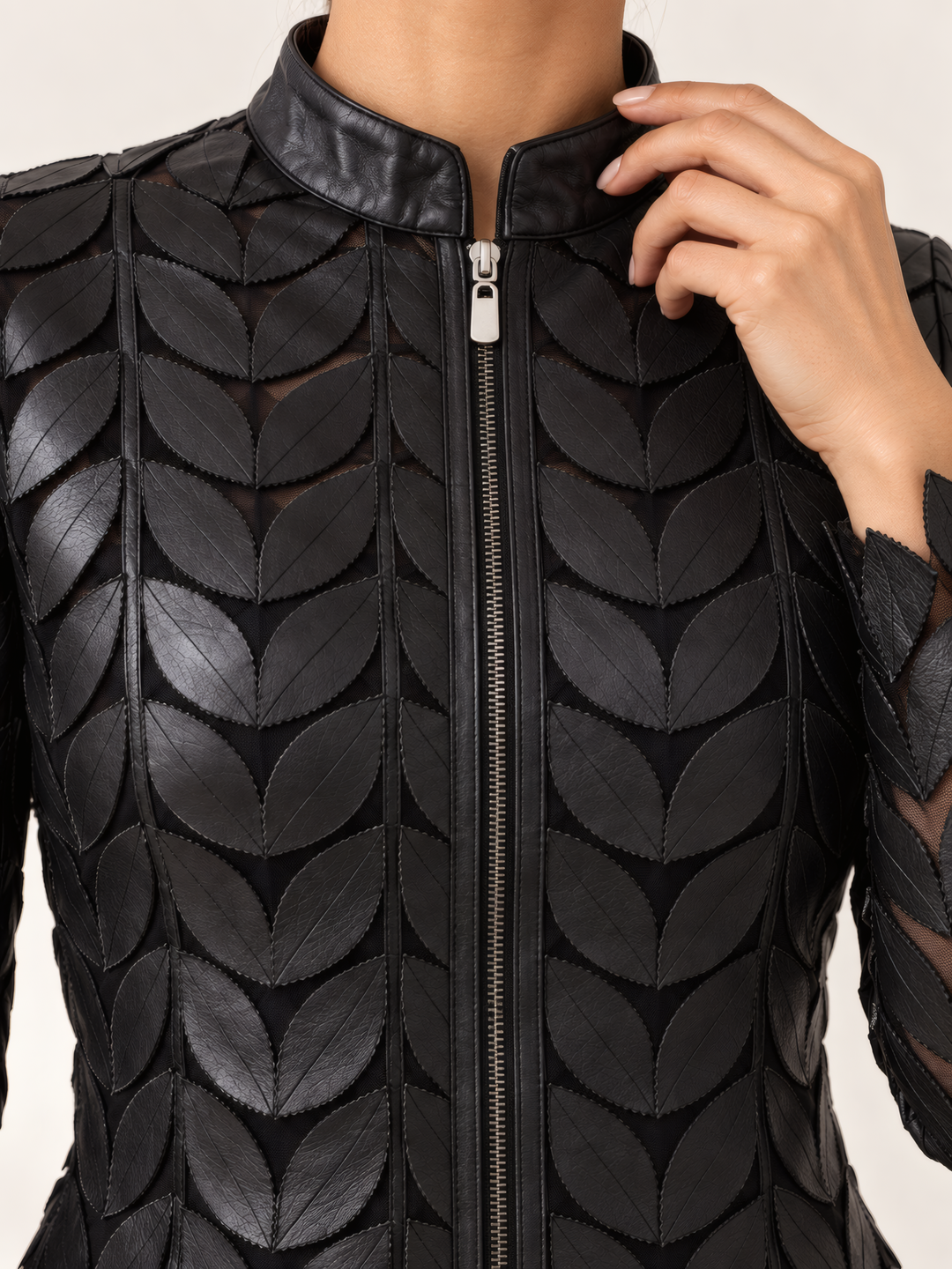Belgin Francis Regular Leaf Jacket in Black, close up of the fabric and details