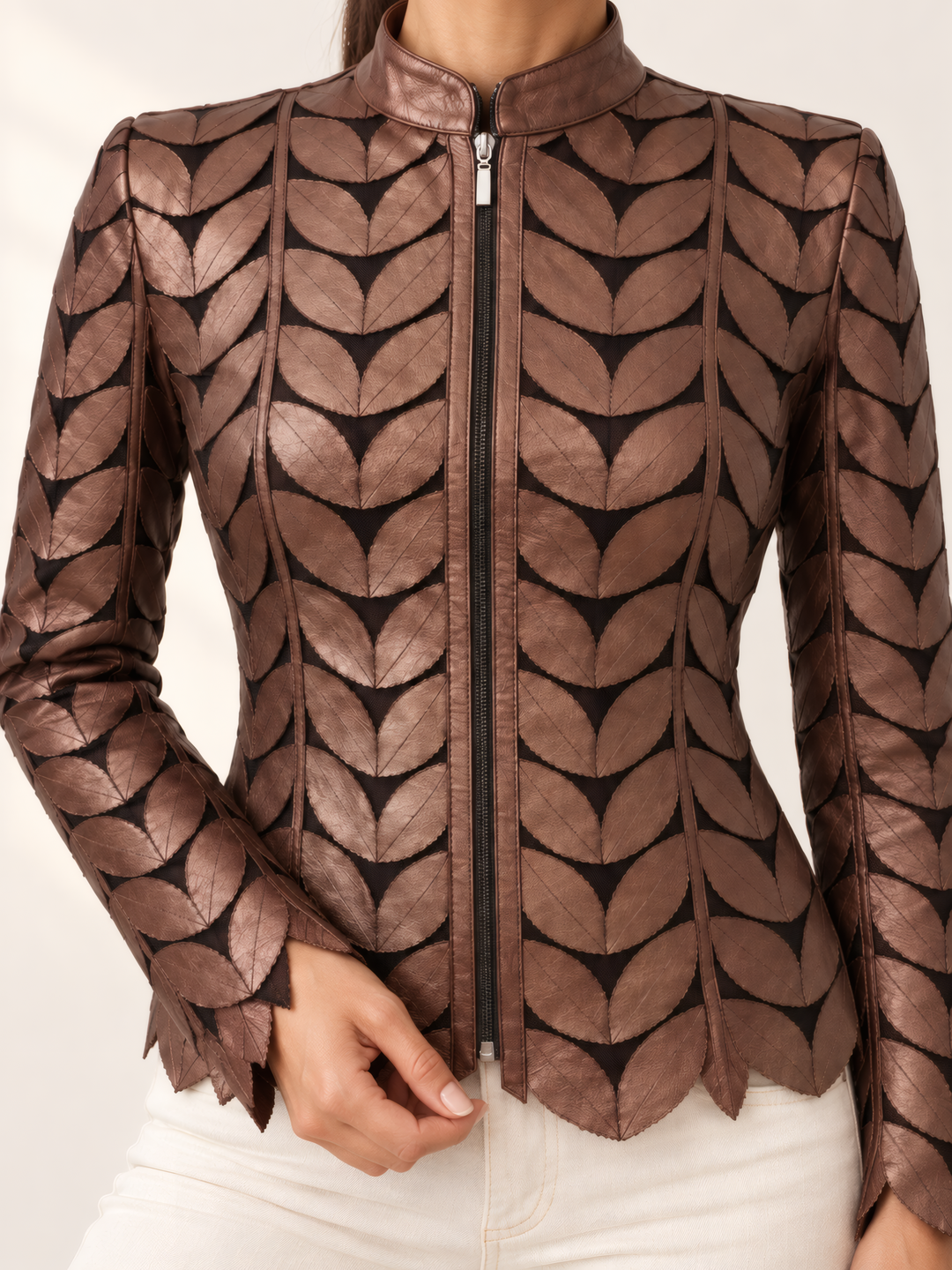 Belgin Francis Regular Leaf Jacket in Bronze, close up of the fabric and details
