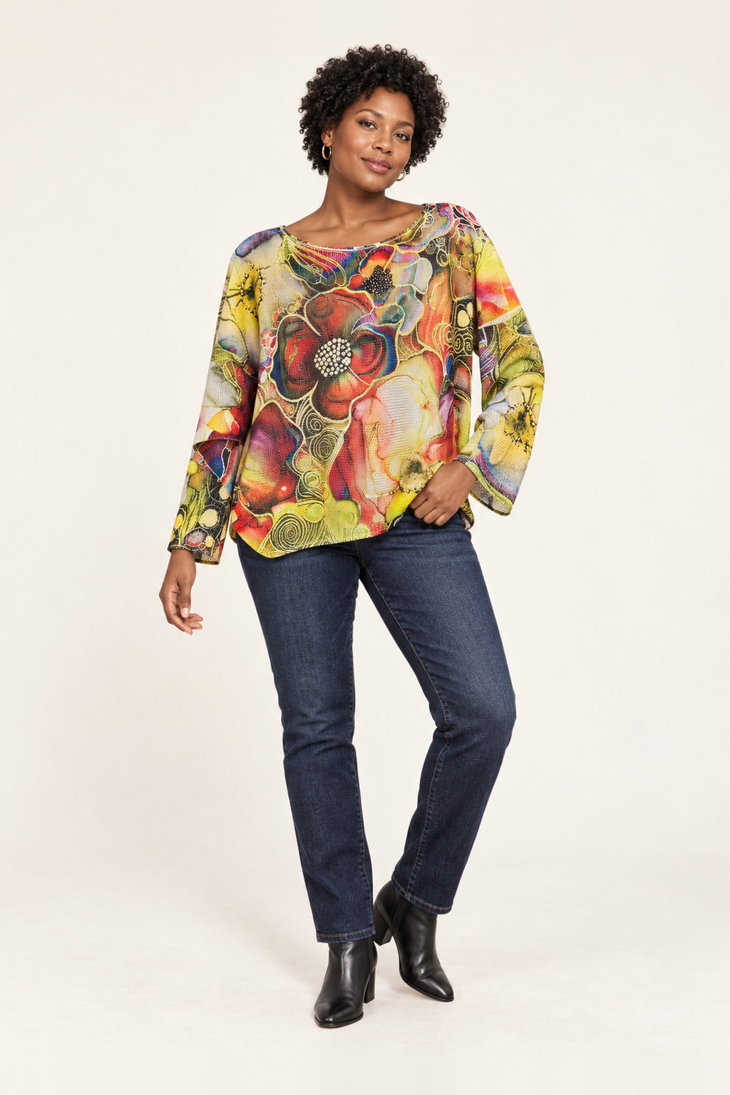 Boutique Karma Artful Bloom Floral Mesh Top, front view on model