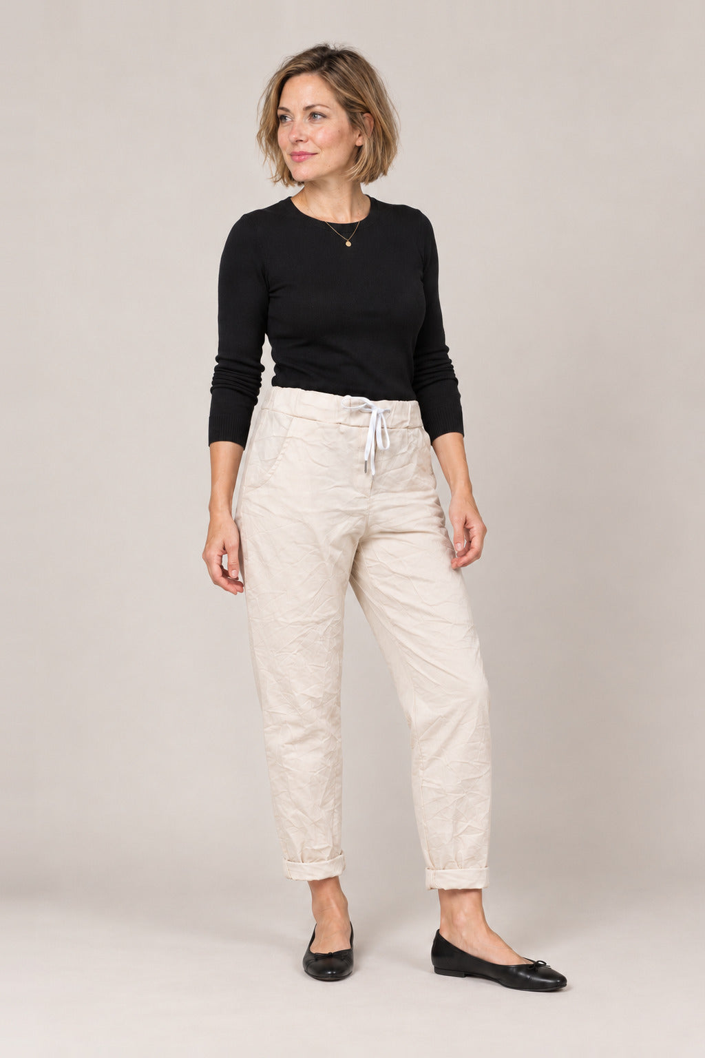 Boutique Karma Basic Jogger in Beige, angle view on model