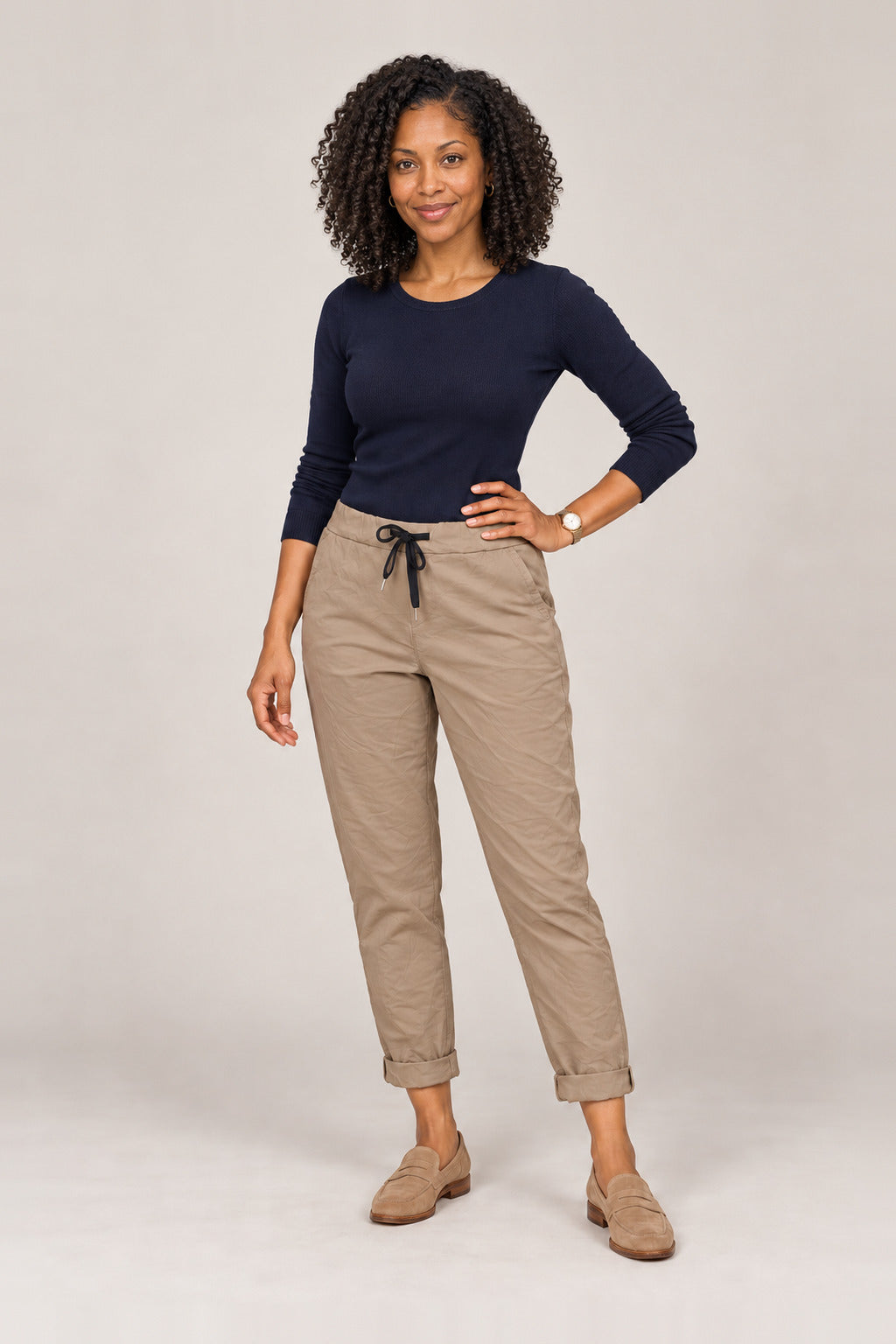 Boutique Karma Basic Jogger in Khaki, front view on model