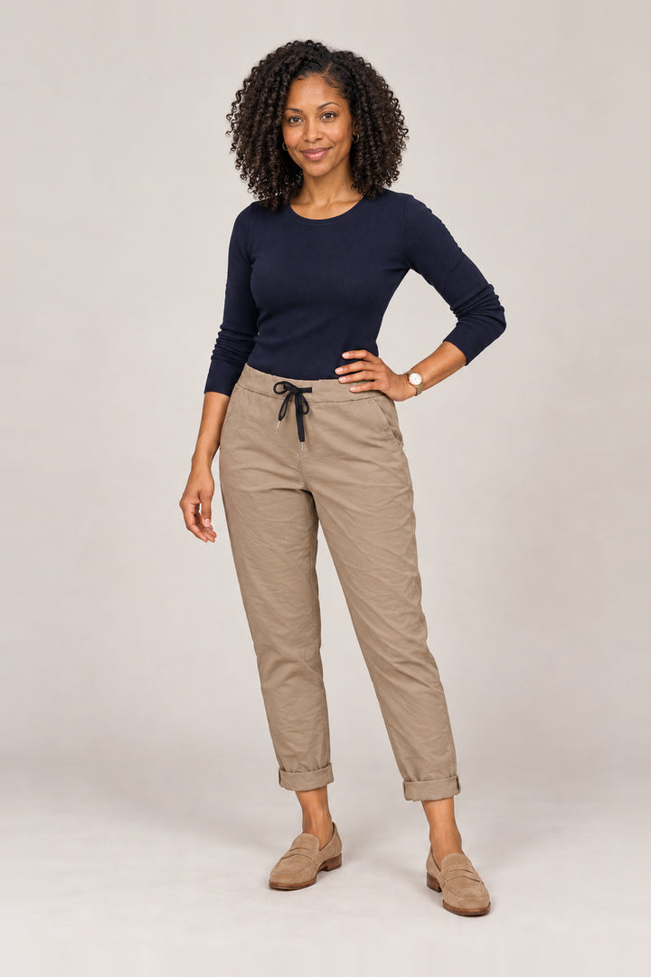 Boutique Karma Basic Jogger in Khaki, front view on model