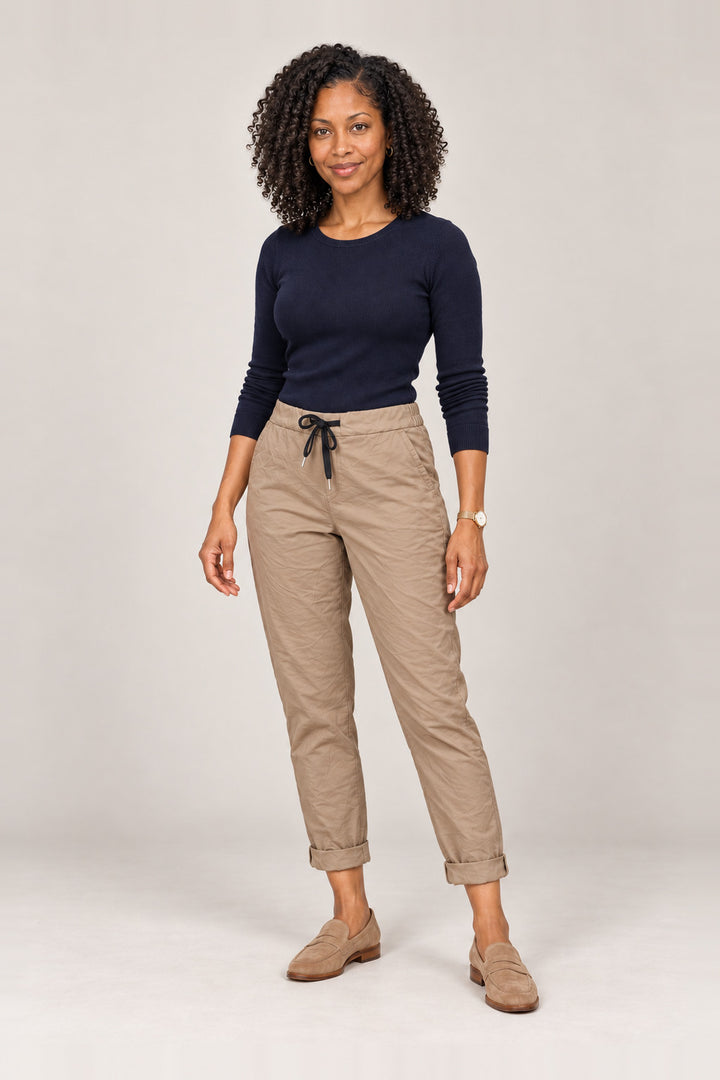 Boutique Karma Basic Jogger in Khaki, angle view on model