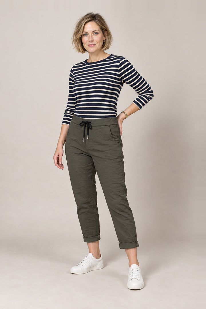 Boutique Karma Basic Jogger in Olive, front view on model
