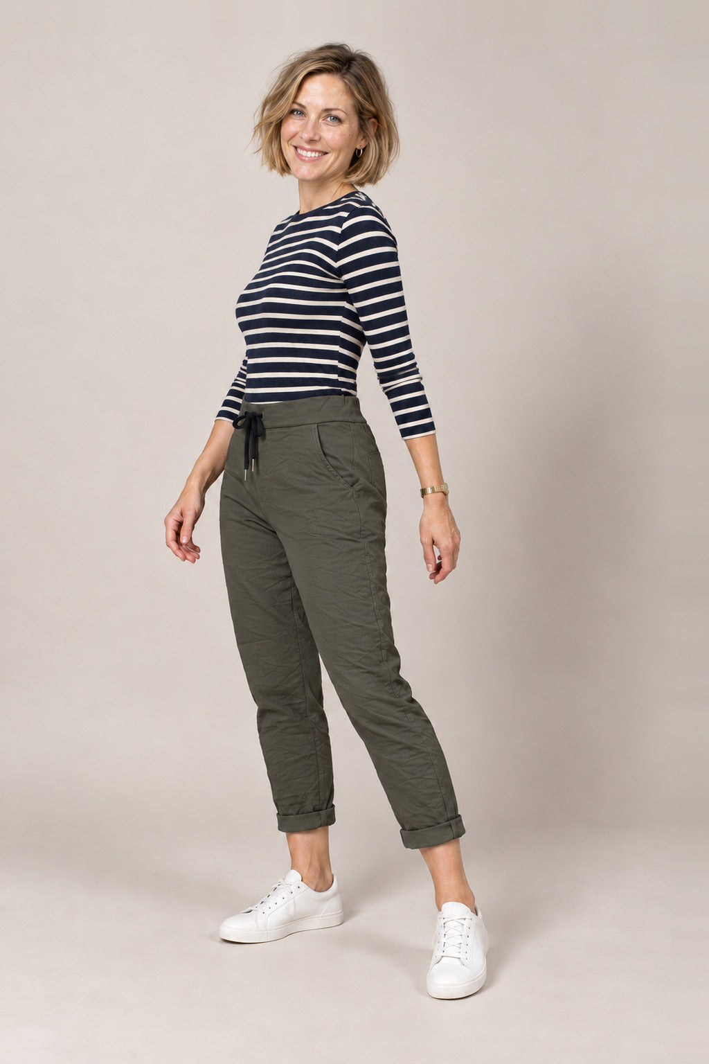 Boutique Karma Basic Jogger in Olive, angle view on model