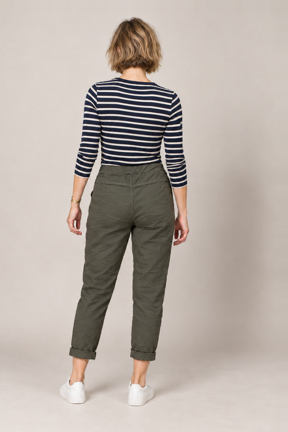 Boutique Karma Basic Jogger in Olive, back view on model