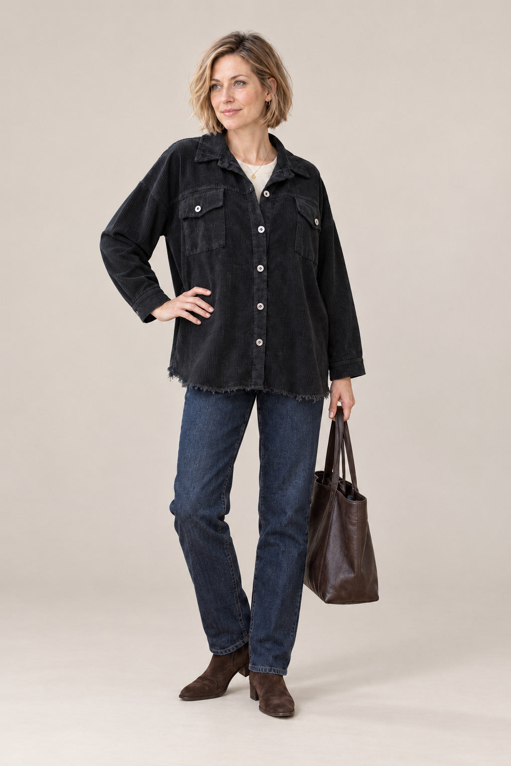 Boutique Karma Corduroy Jacket in Black, front view on model