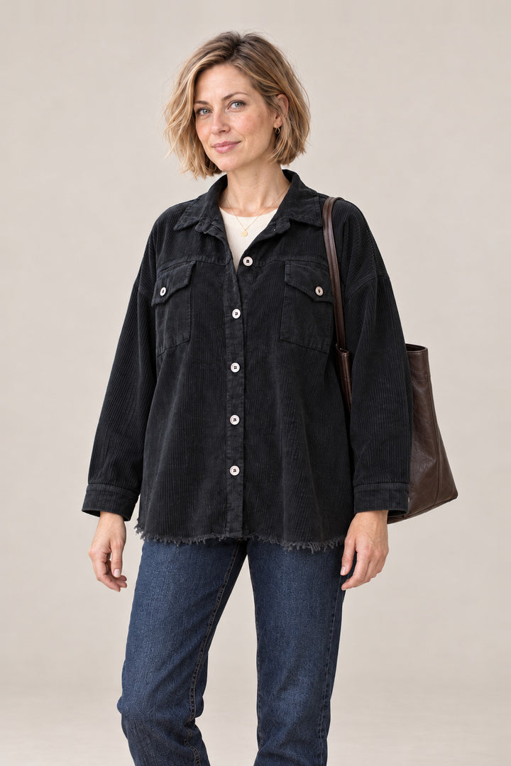 Boutique Karma Corduroy Jacket in Black, closer view on model