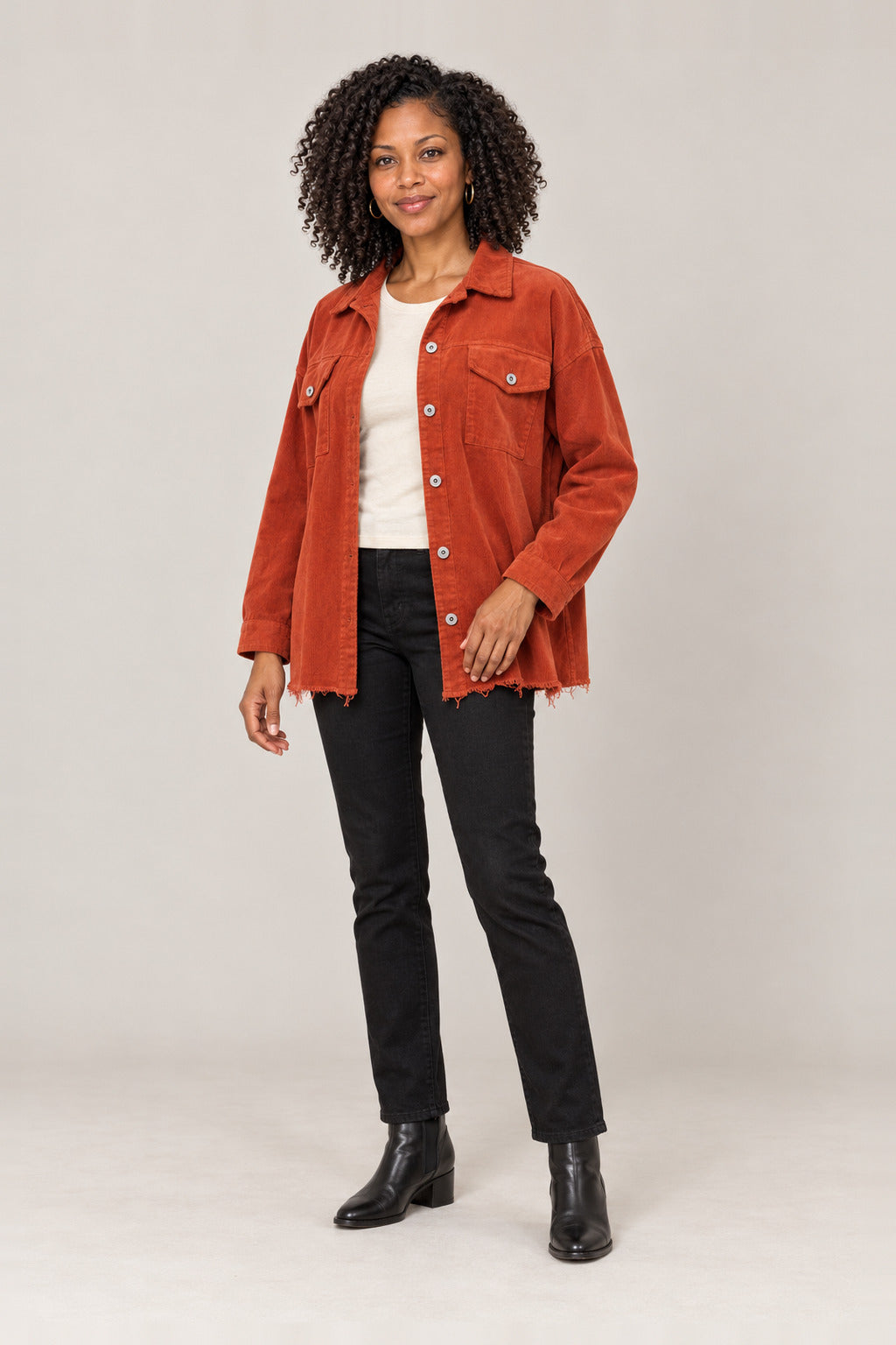 Boutique Karma Corduroy Jacket in Rust, front view on model