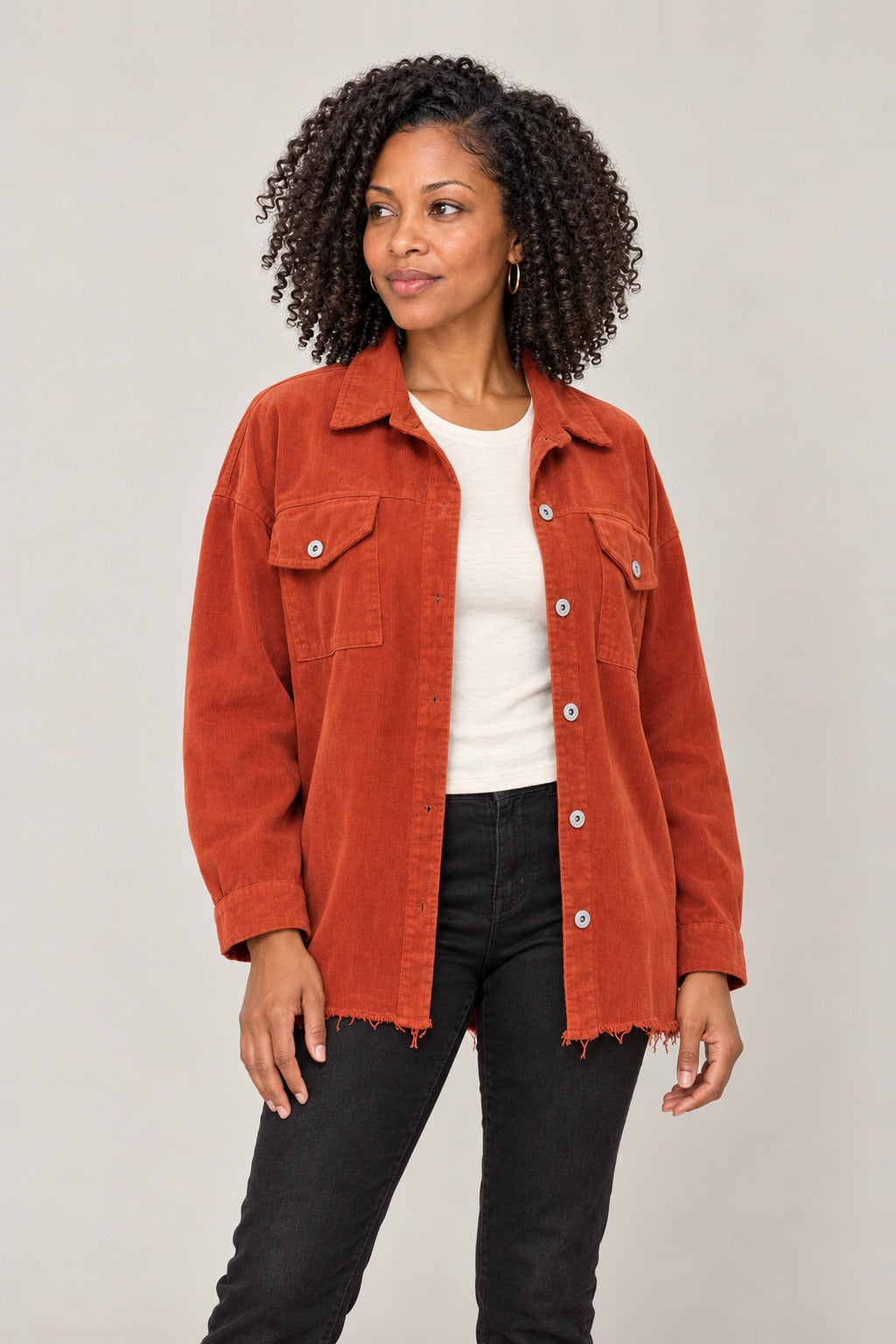 Boutique Karma Corduroy Jacket in Rust, closer view on model