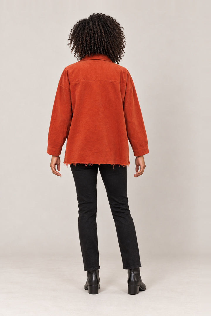 Boutique Karma Corduroy Jacket in Rust, back view on model
