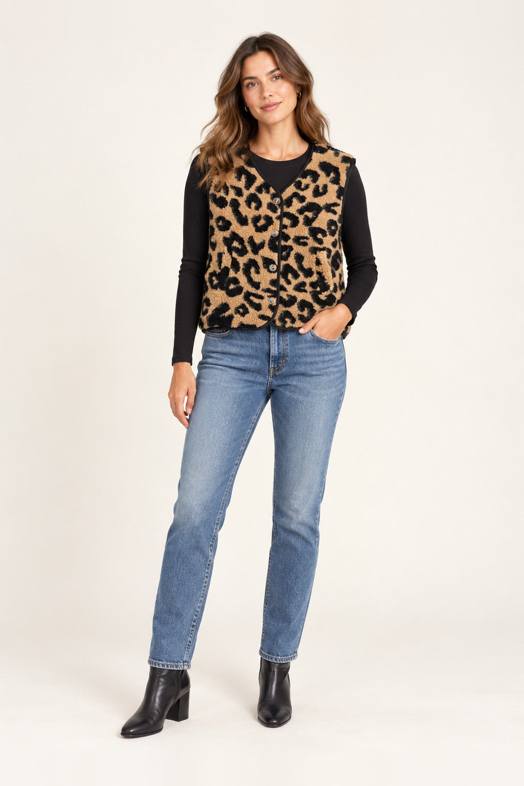 Boutique Karma Leopard Print Vest, front view on model