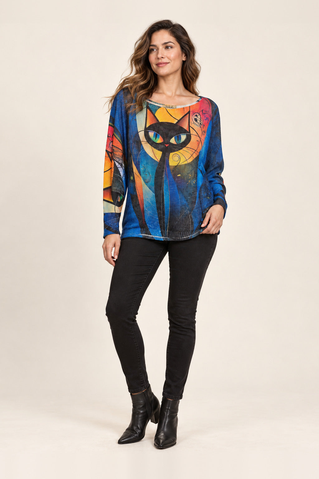 Boutique Karma Midnight Muse Cat Art Knit Top, front view on model