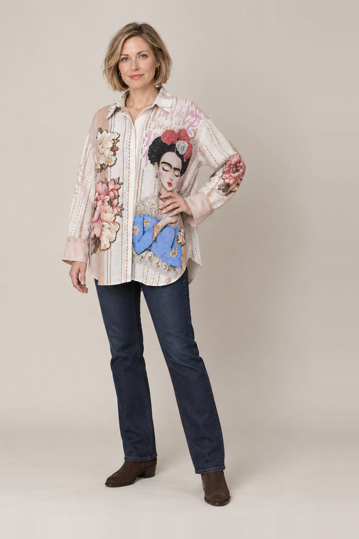Boutique Karma Print Shirt in Frida, front view on model