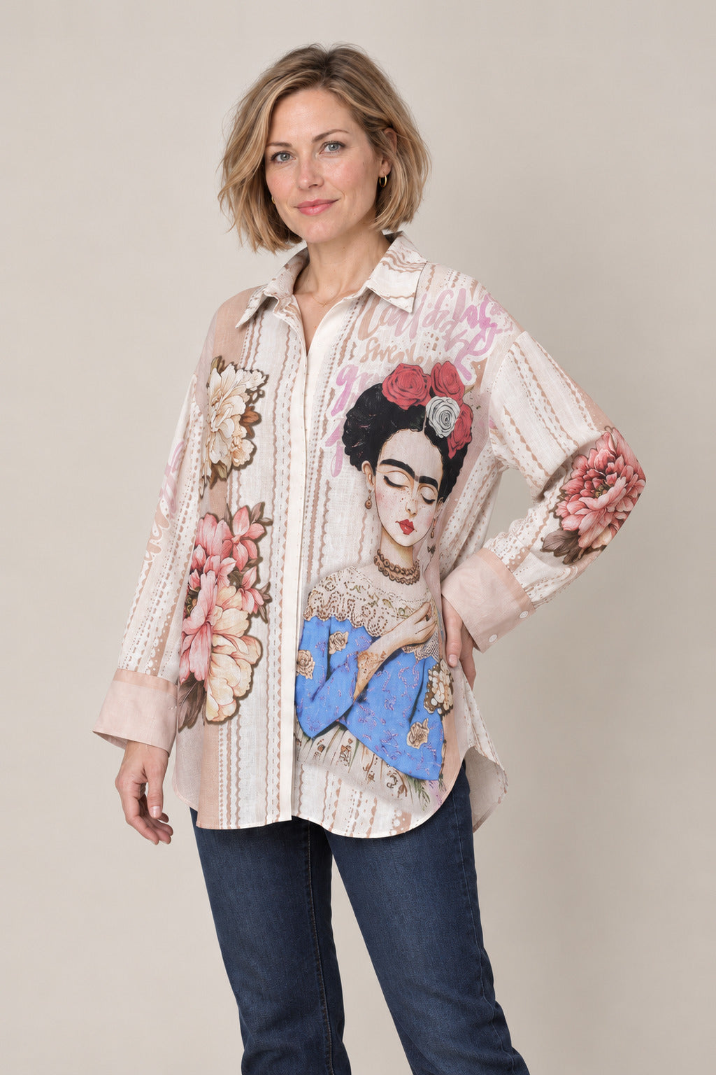 Boutique Karma Print Shirt in Frida, closer view on model