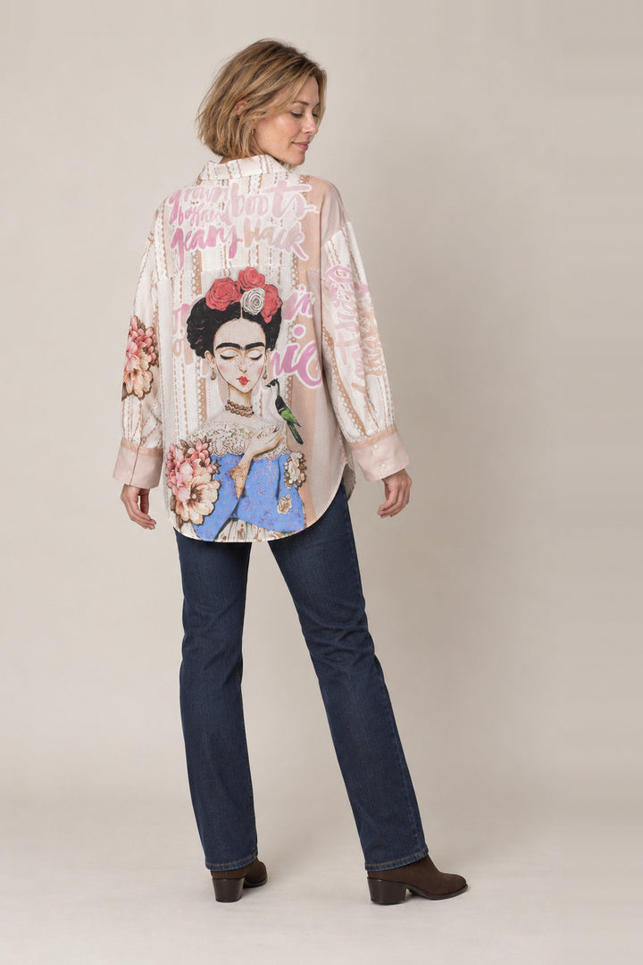 Boutique Karma Print Shirt in Frida, back view on model