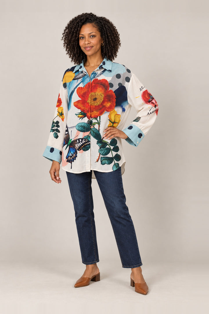 Boutique Karma Print Shirt in Garden, front view on model
