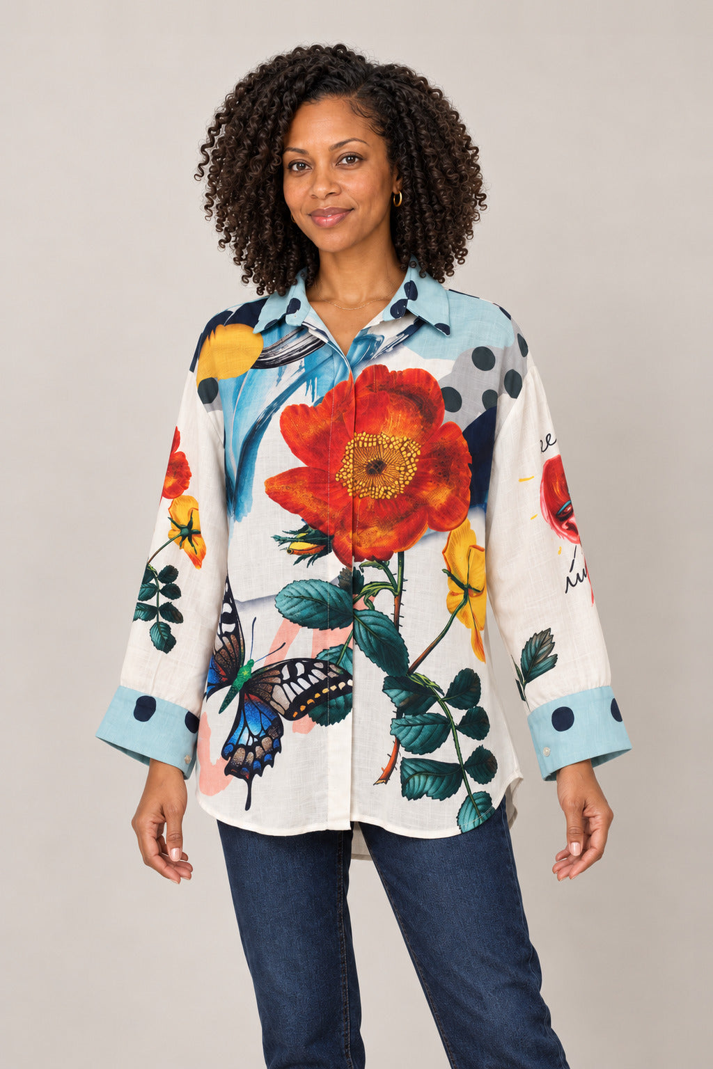 Boutique Karma Print Shirt in Garden, closer view on model