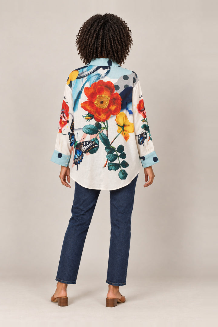 Boutique Karma Print Shirt in Garden, back view on model