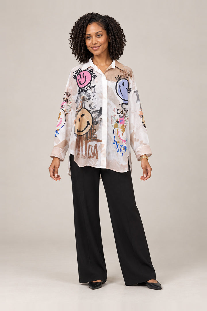 Boutique Karma Print Shirt in Happy, front view on model