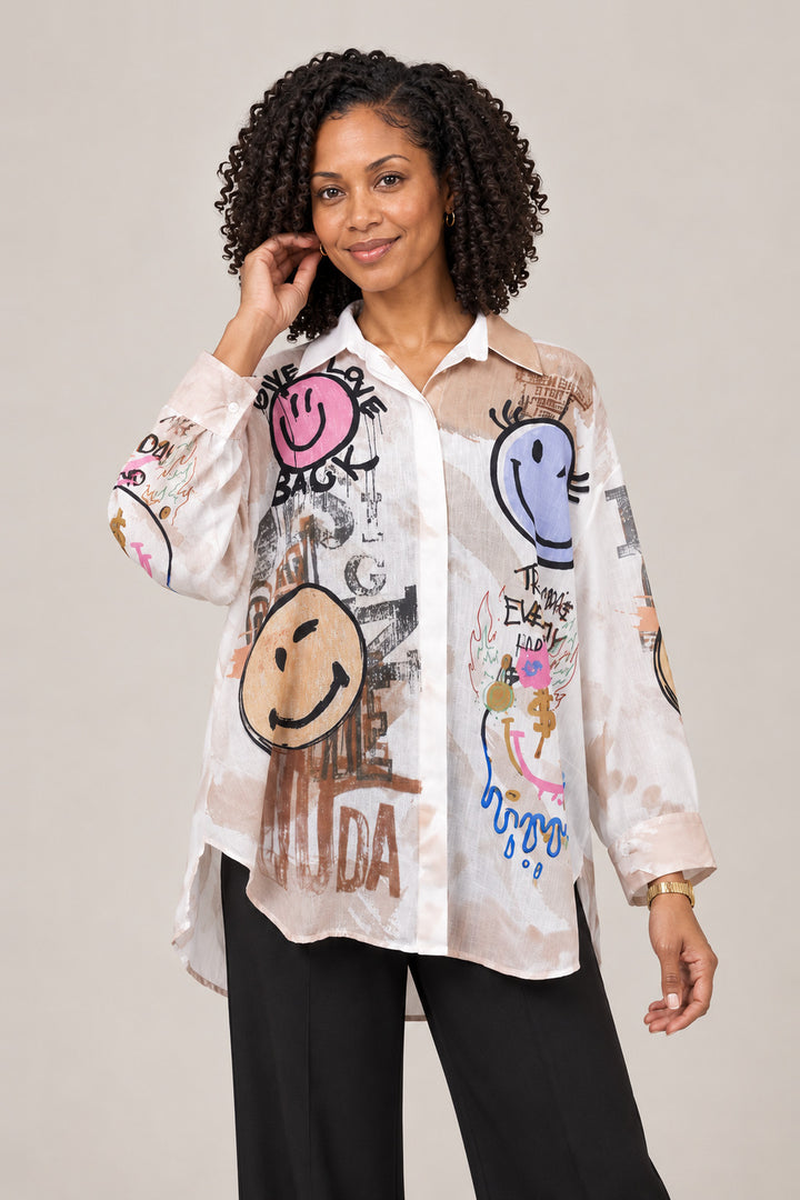 Boutique Karma Print Shirt in Happy, closer view on model