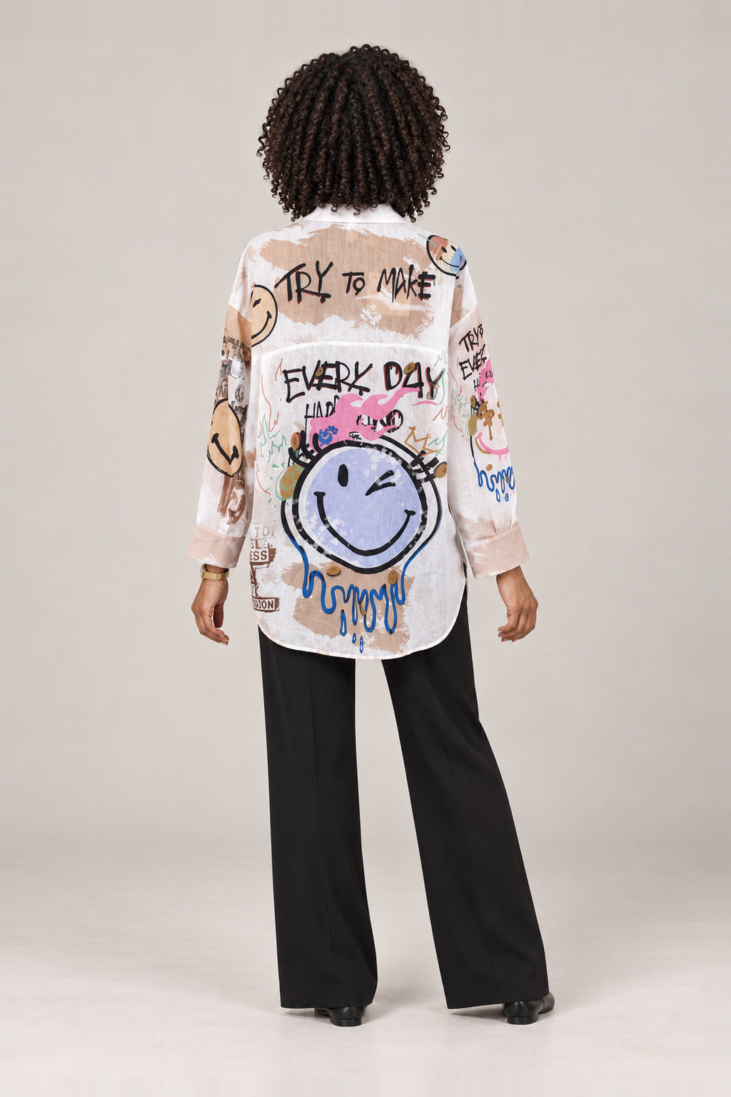 Boutique Karma Print Shirt in Happy, back view on model