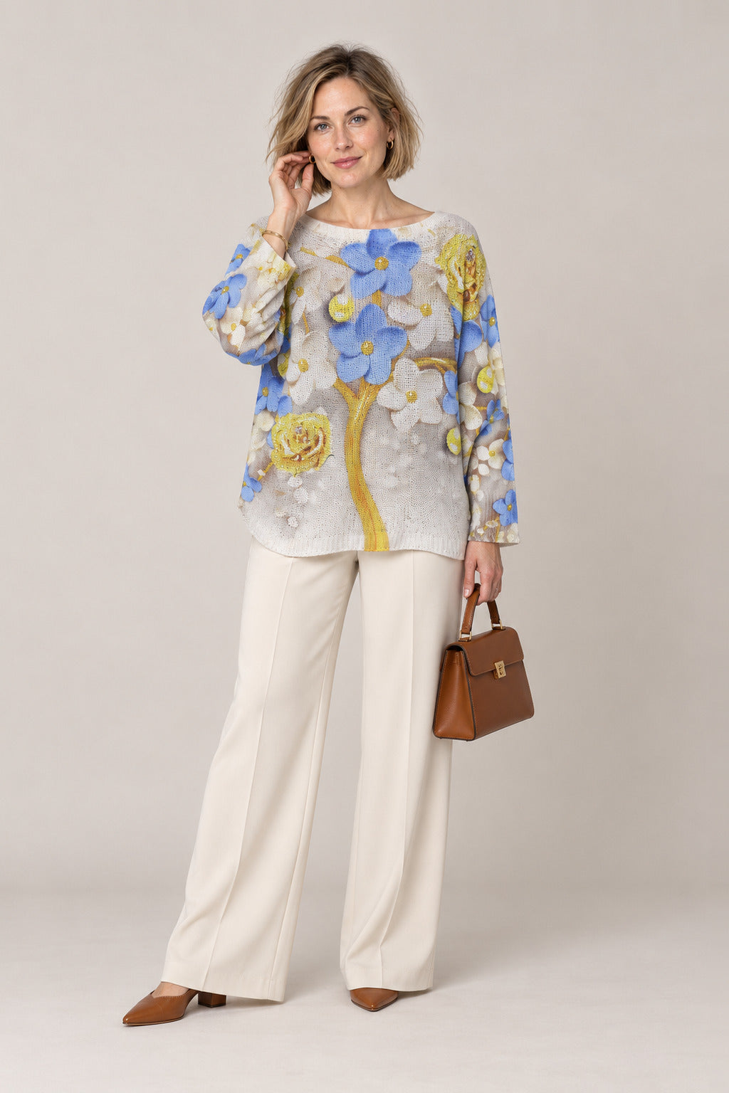 Boutique Karma Pullover Print in Blue/Yellow Florals, front view on model