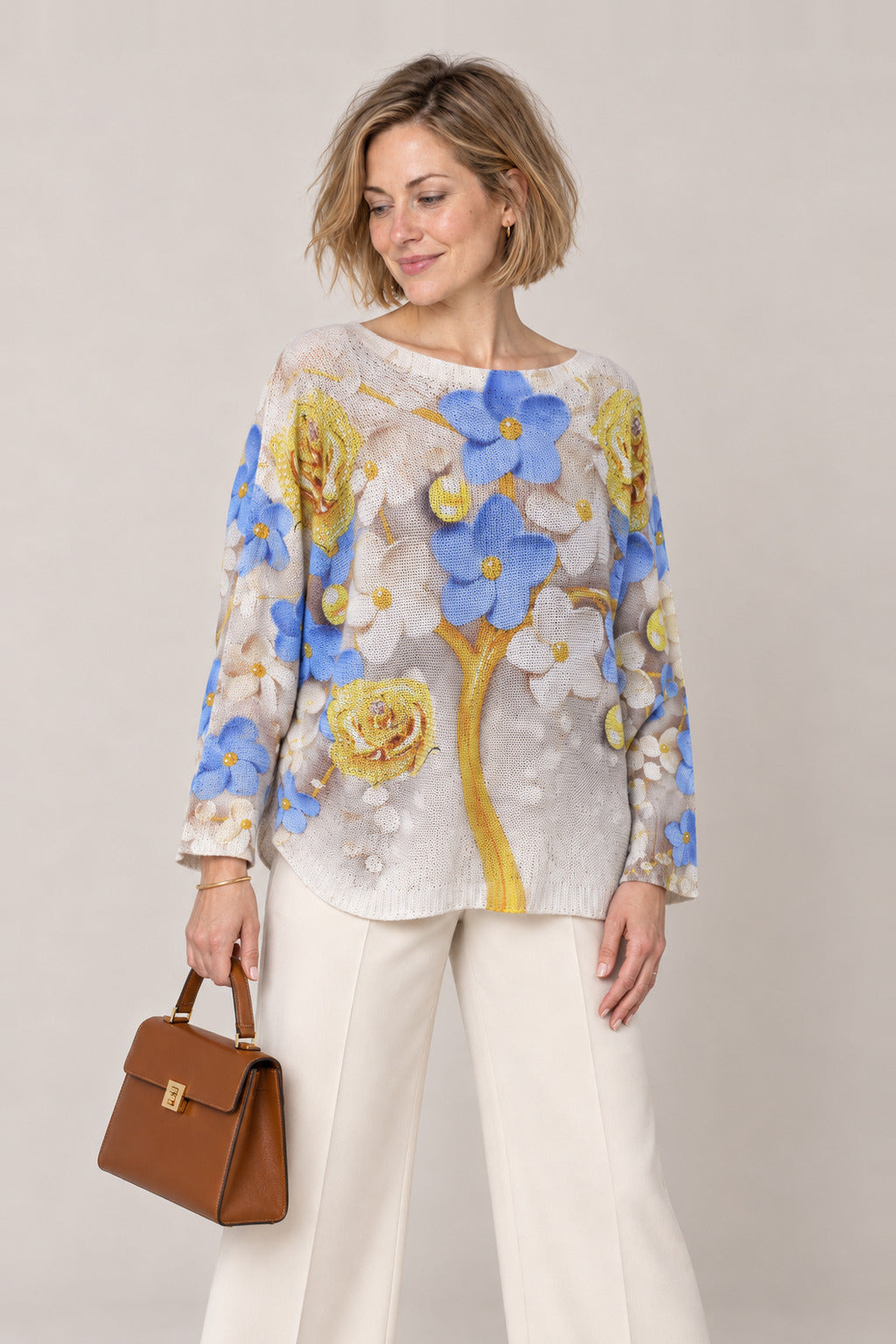 Boutique Karma Pullover Print in Blue/Yellow Florals, closer view on model