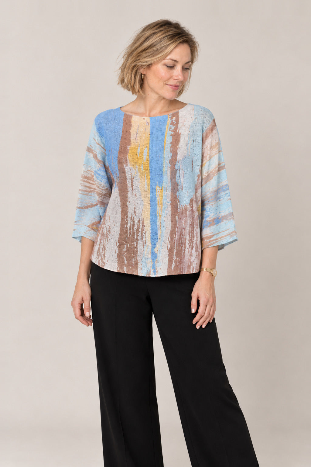 Boutique Karma Pullover Print in Brush Paint, closer view on model